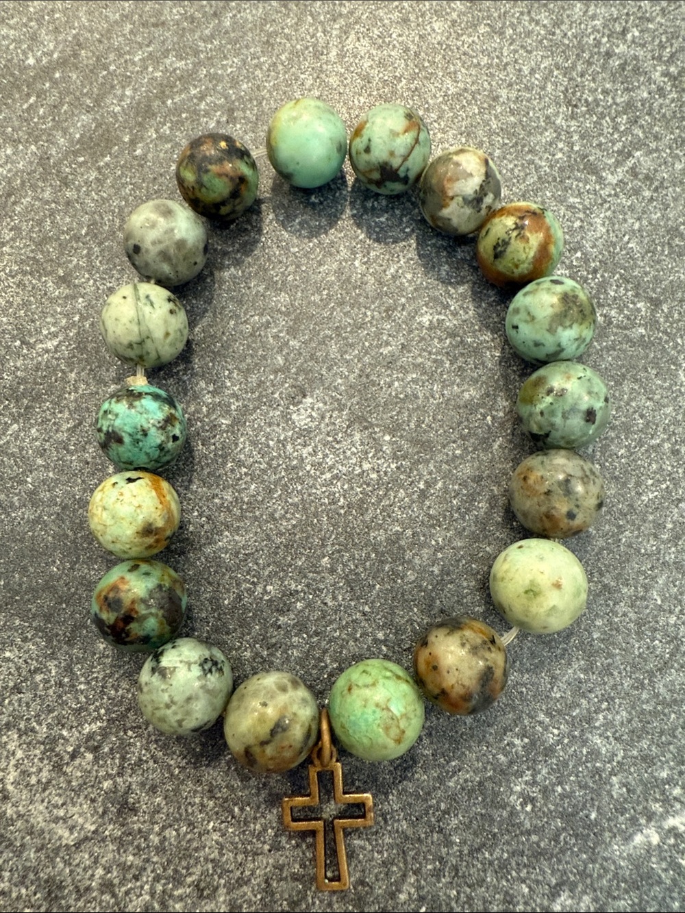 Green Turquoise Bead Stretch Bracelet with Cross Charm
